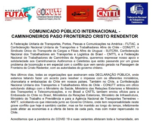 Imagem de Entidades sindicais internacionais pedem ao Chile ajuda para caminhoneiros parados na fronteira