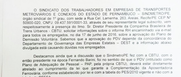 Imagem de Pernambuco: Metroviários cobram explicações da CBTU sobre Plano de Demissões 