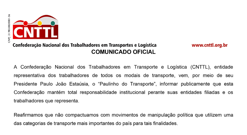 Imagem de CNTTL não apoia paralisação de caminhoneiros e repudia o uso indevido de seu nome