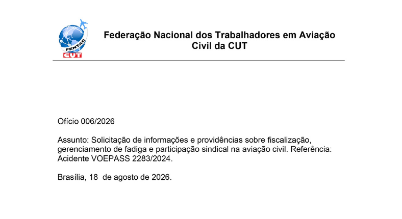 Imagem de FENTAC cobra da ANAC medidas para reforçar fiscalização, combater fadiga e ampliar segurança na aviação