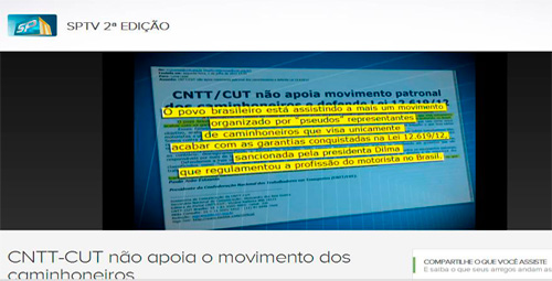 Imagem de SPTV da TV Globo divulga nota da CNTT/CUT sobre o 