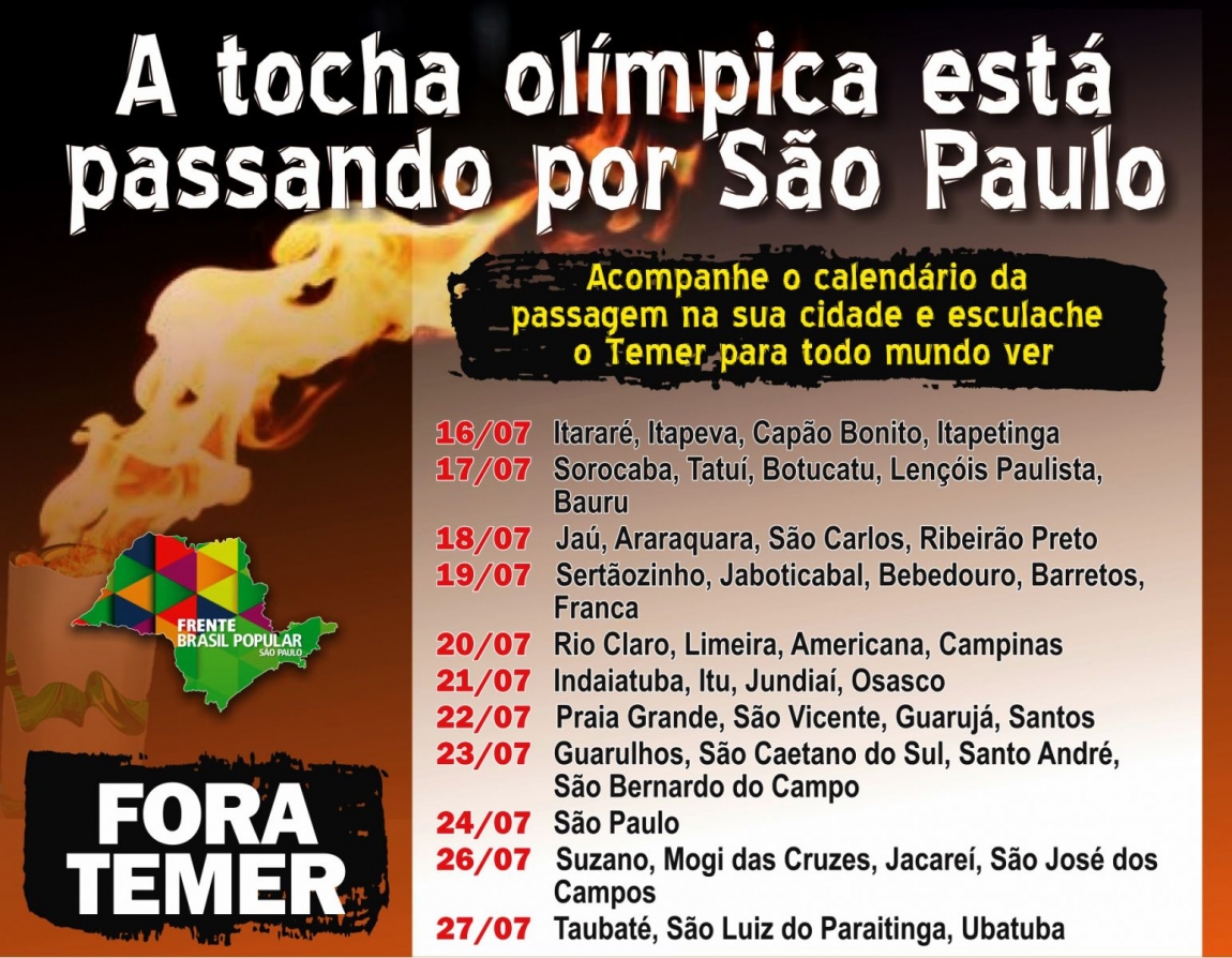 Imagem de Tocha Olímpica: Confira a agenda de lutas do Fora Temer da Frente Brasil Popular 